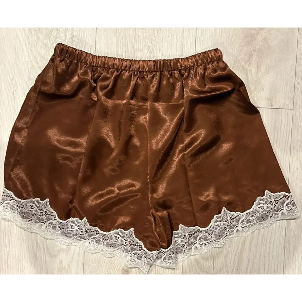 NWT Brown Satin Silk like feel  white Lace Trim Shorts Size M Y2K Lingerie Style